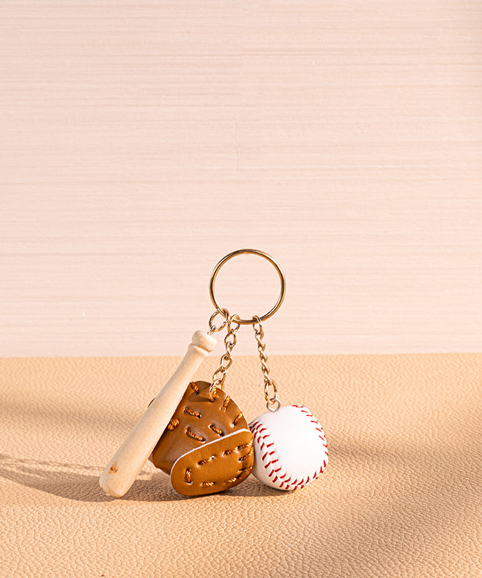 Mini Baseball Keychain with Wooden Bat