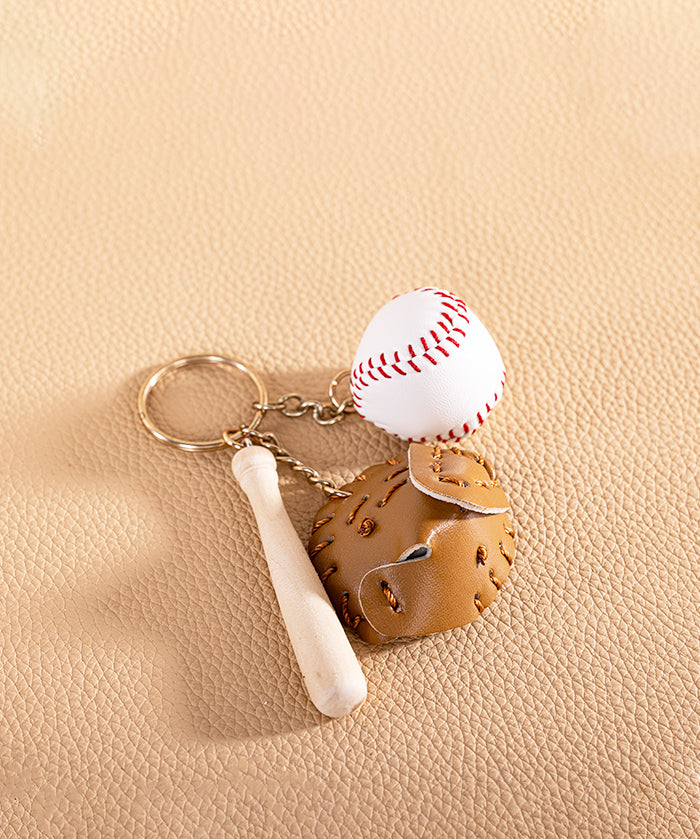 Mini Baseball Keychain with Wooden Bat